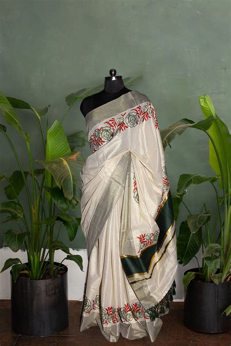 Green and Red Floral Printed Kerala Tissue Kasavu Saree – Ninikaa