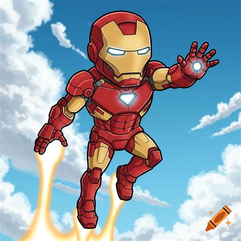 Cartoon Iron Man flying on Craiyon
