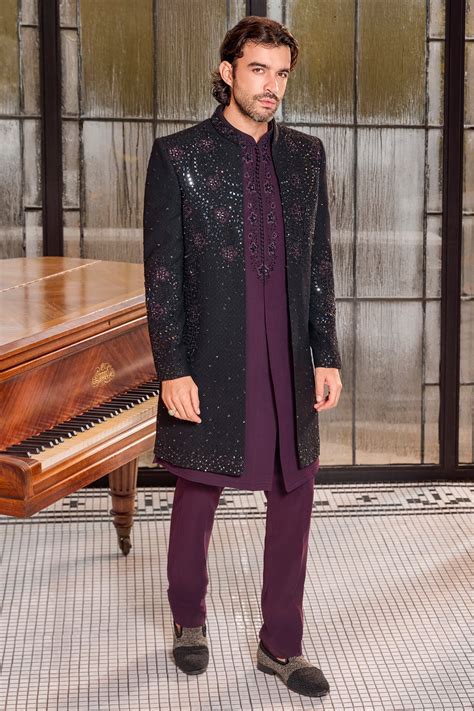 Black and purple art silk royal indo western jacket For Men ...