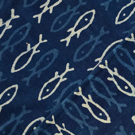Pure Cotton Indigo With White And Blue Fishes Hand Block Print Fabric ...