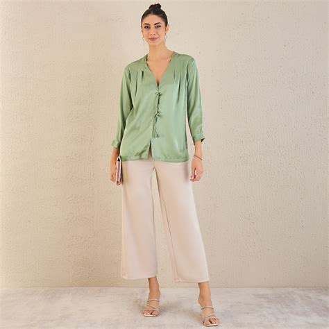 Tea Green Crystal Embellished Satin Top with Bow Detail – First Resort ...