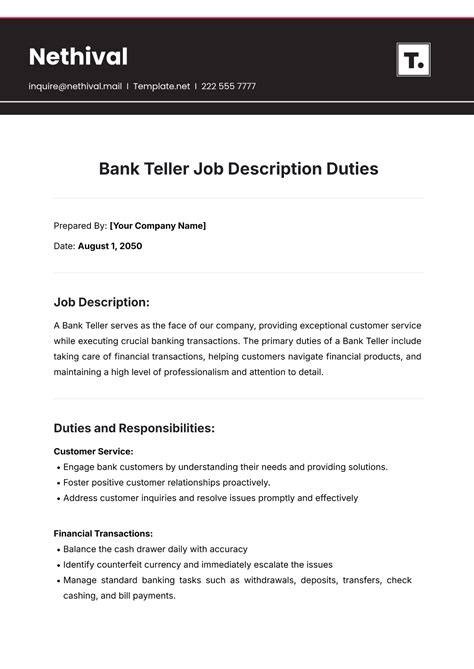 Free Bank Teller Job Description Duties Template to Edit Online