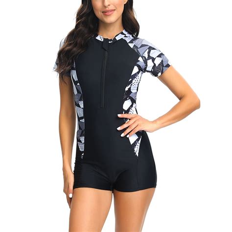 Womens Boyleg One Piece Rash Guard Swimsuit Sun Protection Zipper ...