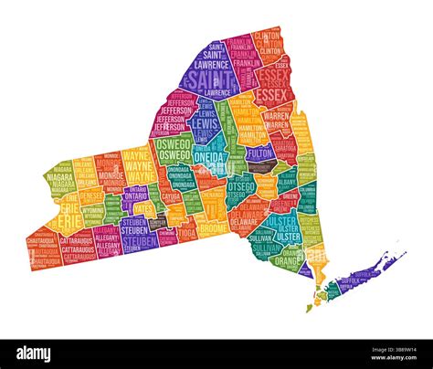 New York shape. State word cloud with county division. New York colored ...