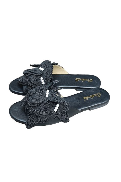 Buy Black 3d Butterfly Cord And Pearl Applique Work Titli Dusky Flats ...