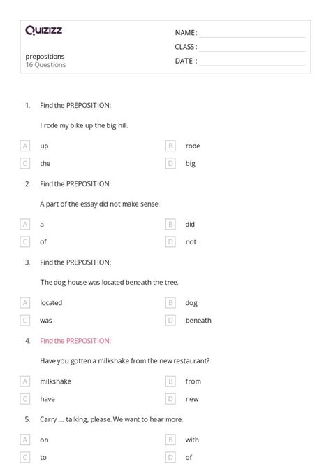 50+ Prepositions worksheets for 6th Class on Quizizz | Free & Printable