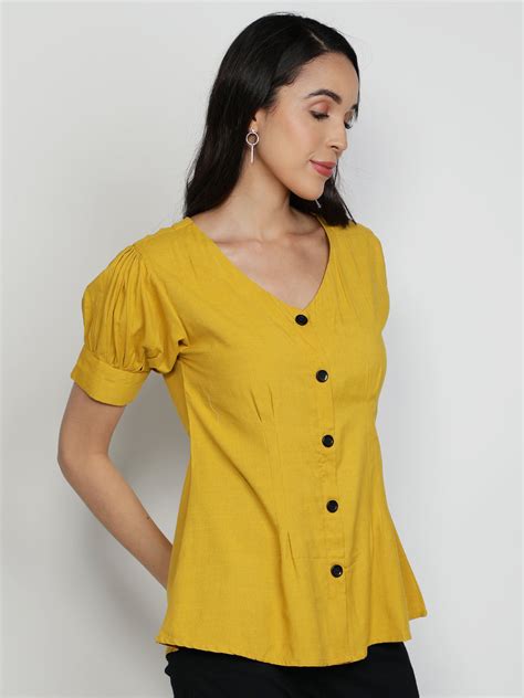Mustard Cotton Solid Puff Sleeves Peplum Top – Vaaba