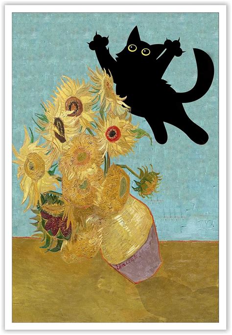 TYOHU Funny Black Cat Art Poster Vintage Van Gogh Sunflower Cat Print ...