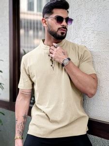 MANIAC Solid Men Mandarin Collar Beige T-Shirt - Buy MANIAC Solid Men ...