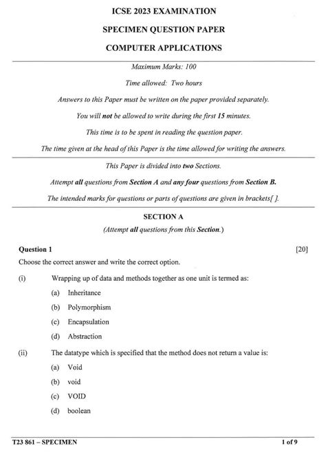 ICSE Computer Applications Specimen Paper 2023: CISCE Class 10 Computer ...