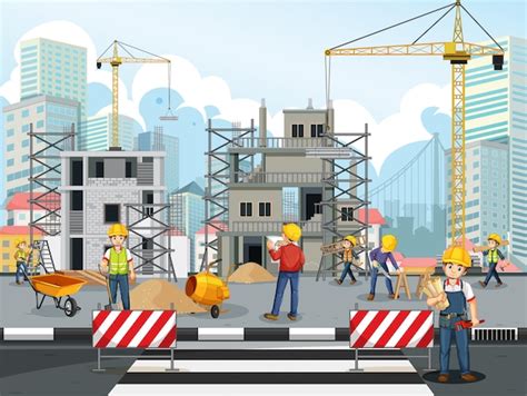 Chantier de construction avec des ouvriers | Vecteur Gratuite