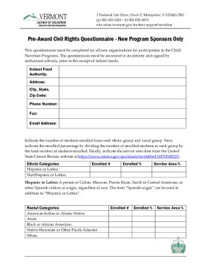 Fillable Online education vermont Pre-Award Civil Rights Questionnaire ...