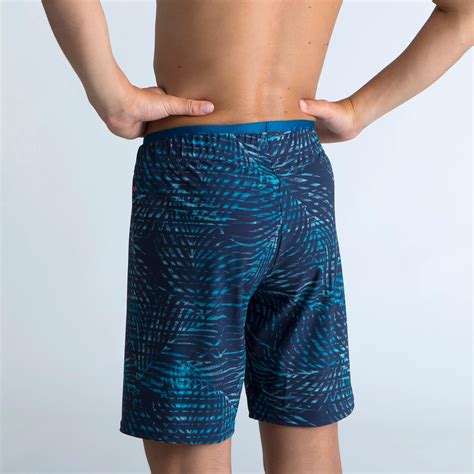 Boys’ Swimming Shorts 100 Long - All-over Palm Blue - Decathlon