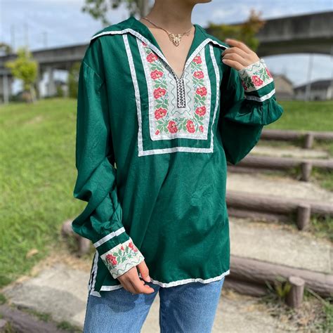ethnic shirt シャツ 古着 ヴィンテージ エスニック グリーン KP131 | 古着屋GranMe