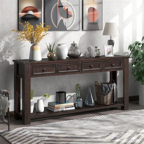 63" Console Table with 4 Storage Drawers, Entryway Table with Bottom ...