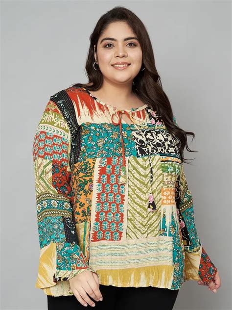 Veldress Plus Size Abstract Print Round Neck Top with Dori work at ...