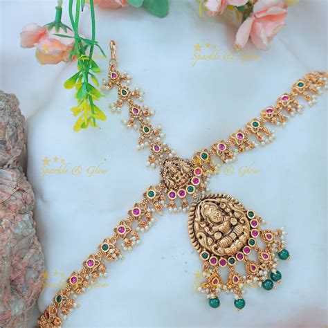 Elegant Idol Lakshmi Peacock carved Kemp bridal Maang tikka with green ...