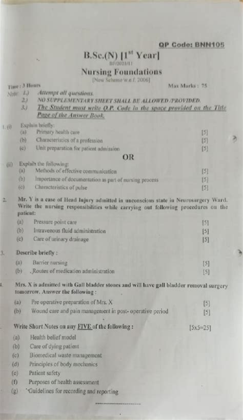 Nursing foundations BNN105 past year questions and answers (2006) - Studocu