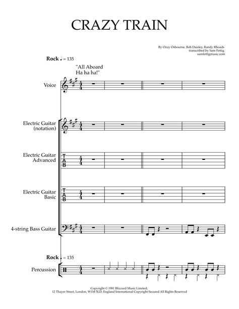 Crazy Train (arr. Sam Fettig) by Ozzy Osbourne Sheet Music for Guitar ...
