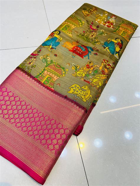 Sempiternal Dark Beige Kalamkari Printed Saree With Lissome