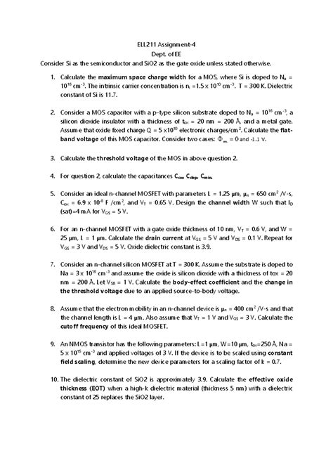 ELL211 Assignment 4: MOS Capacitor & MOSFET Calculations - Studocu