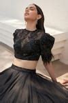 Buy Black Net Embellished Crystal Round Aila Sequin Blouse With Lehenga ...