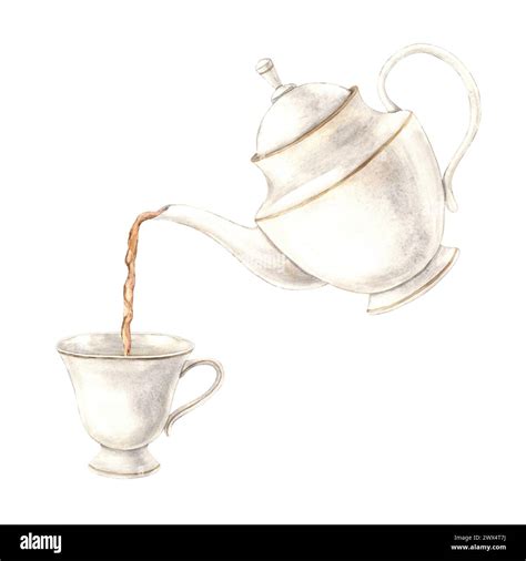 Watercolor composition of a teapot pouring tea into a mug. The illustration is hand drawn on an ...