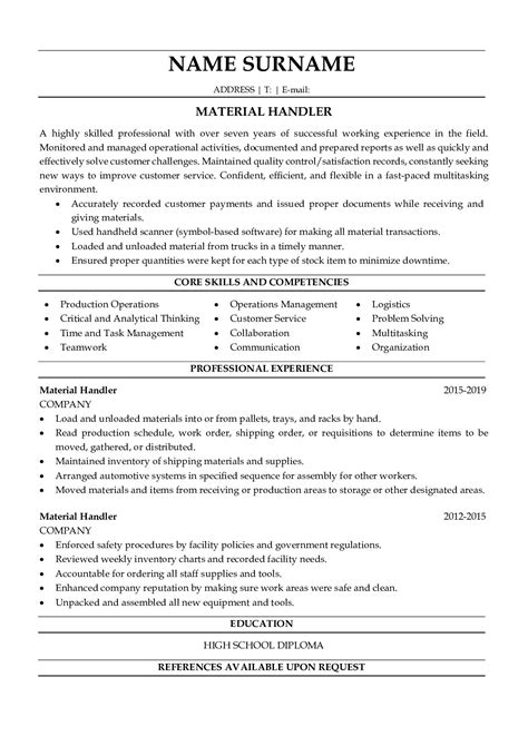 Material Handler Resume with Job Description Sample | ResumeGets