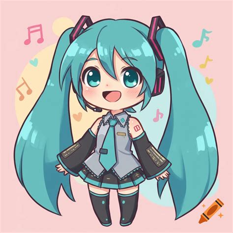 Cute chibi drawing of Hatsune Miku with musical notes. on Craiyon