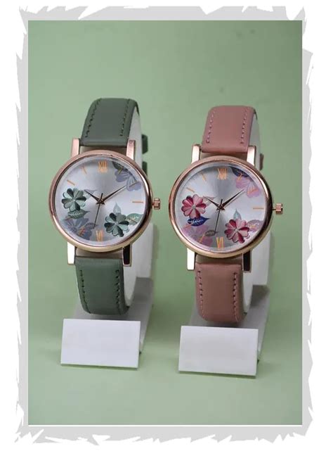 FROZIL Leather Analog Green Pink Color Flowered Dial Watch For Womens ...