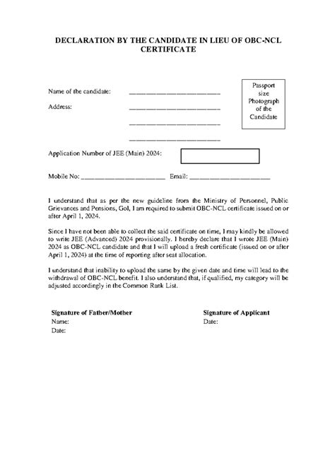 Declaration for OBC-NCL Certificate - JEE (Main) 2024 Candidate - Studocu
