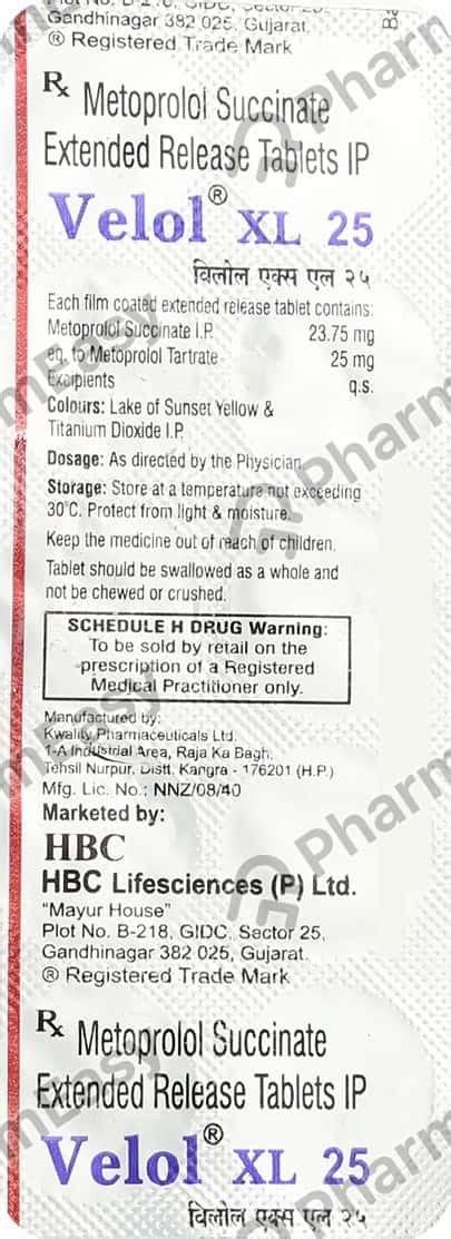 Velol Xl 25 MG Tablet (10): Uses, Side Effects, Price & Dosage | PharmEasy