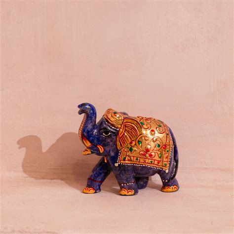 Blue Jade Elephant Figurine with Upturned Trunk - Gharano