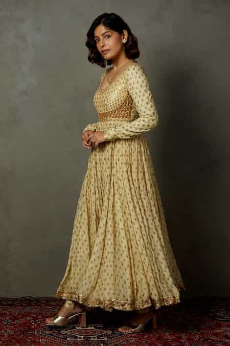 Buy Beige Cotton, Silk, Viscose Embroidery Round Neck Zardozi Anarkali ...
