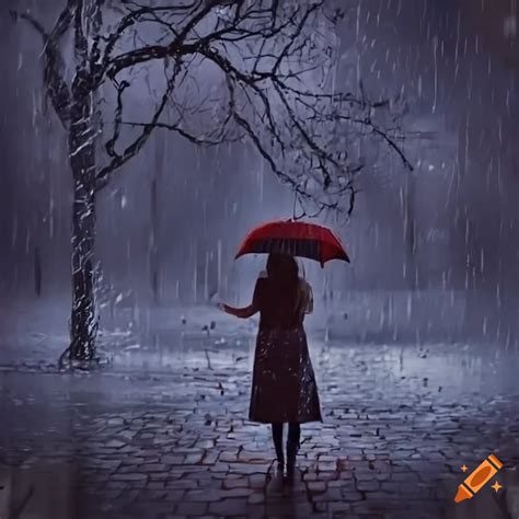 Girl Standing In The Rain With Umbrella