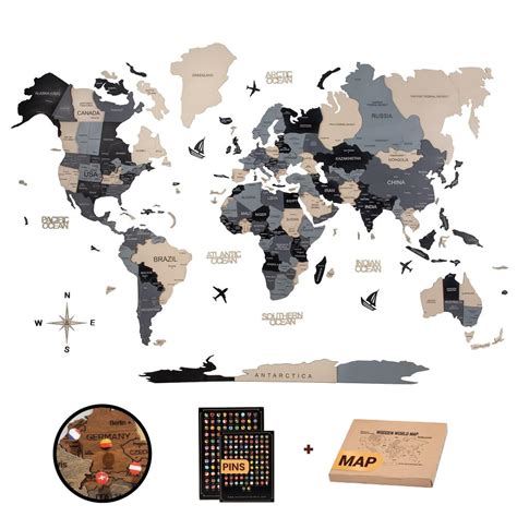 Wooden Art Studio 3D Wooden World Map Black and Beige with Push Pin Set ...