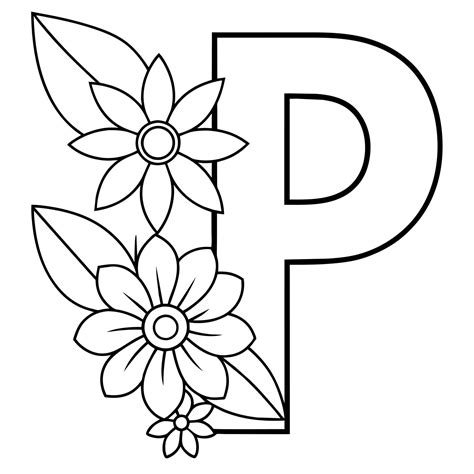 Alphabet P coloring page with the flower, P letter digital outline ...