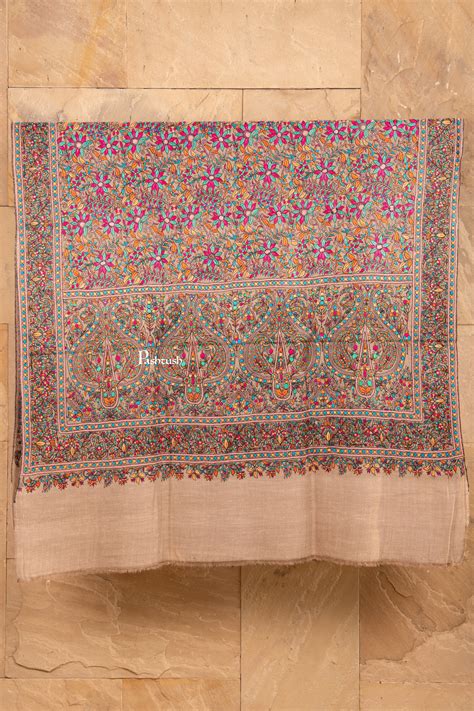Pashtush Pure Pashmina Shawl, Exquisite beige Colour Papier Mâché Embr ...