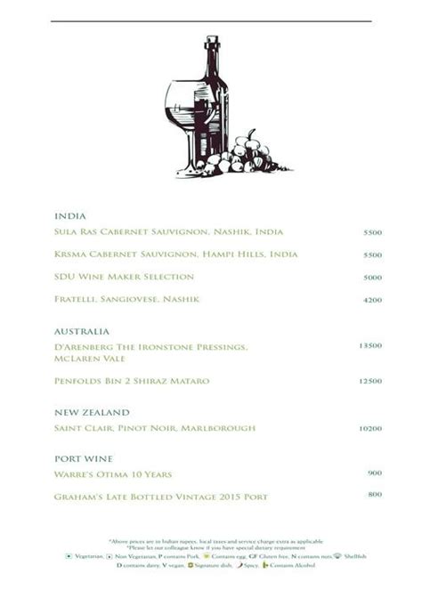 Menu at The Lobby Lounge - Shangri-La Hotel, Bengaluru