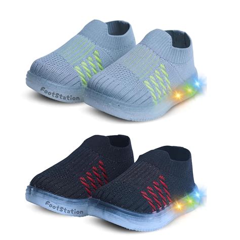 Buy Kids Slip-On LED Light Shoes, Pack of 2 (Combo) (L.Gry-BLK-2, UK ...