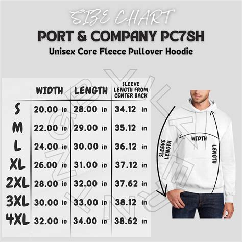 Hoodie Size Chart I Port & Company PC78H Size Chart | Core Fleece ...