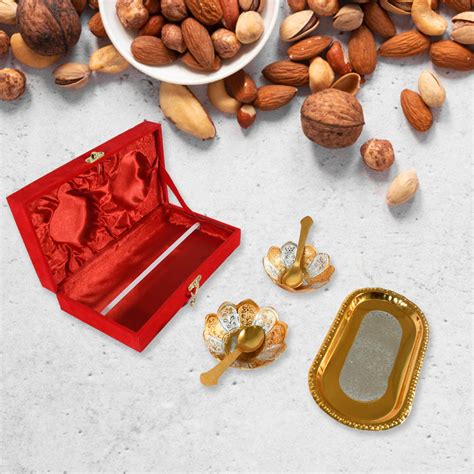 5in1 Gold Silver Plated 2 Bowl 2 Spoon Tray Set Brass with Red Velvet ...