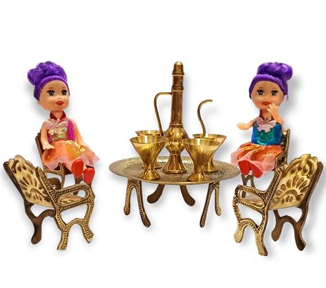 Brass Miniature Big size dining table chair set with 2 dolls ...