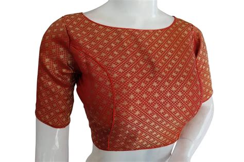 Red Color Brocade Silk Designer Boat Neck Readymade saree blouse with ...