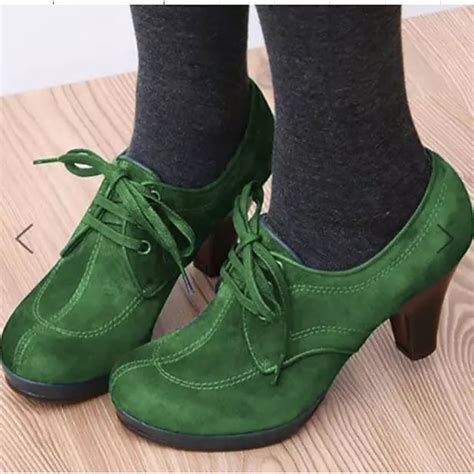 Women's Blue and Green Suede Lace-Up Heeled Oxford Shoes - Vintage ...