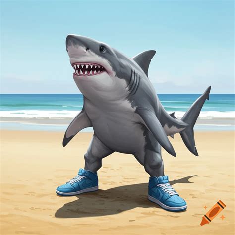 Shark with legs and blue shoes on a beach on Craiyon