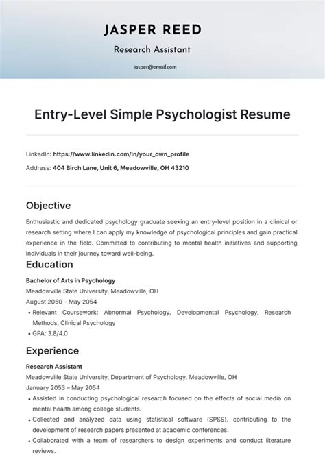 Free Entry- Level Simple Psychologist Resume Template to Edit Online