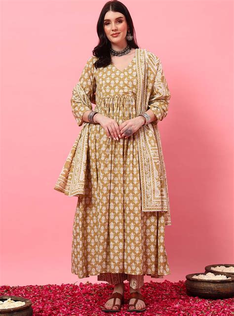 Beige Floral Angrakha Anarkali Kurta Set with Round V-Neck & Screen Pr ...