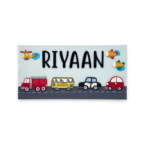 Vehicles Themed Hand-Painted Wooden Kids Name Plate - Light Blue – Plumeria