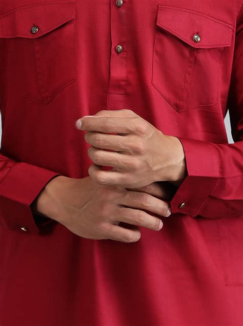 THE KURTA COMPANY Blood Red Cotton Blend Solid Pathani Kurta | Regular ...